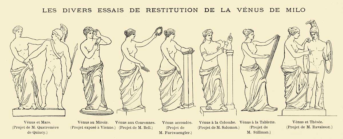 The various reconstruction attempts of the Venus de Milo, 1869 © Chronicle/ Alamy Stock Photo.