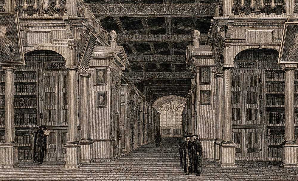 Bodleian Library, Oxford: interior panoramic view. Line engraving by G. Hollis after J.C. Buckler.