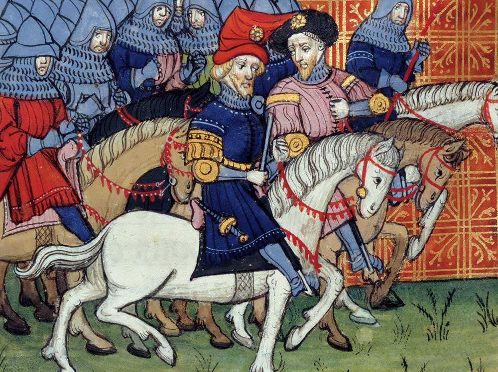 English army  with banner, from the Chroniques de France ou de St Denis, late  14th century.