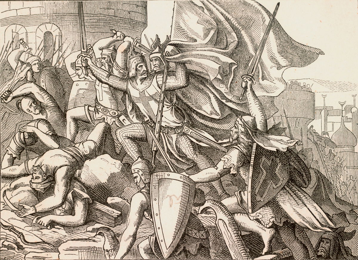 ‘Crusaders storming the city of Jerusalem, 1099 AD’. Woodcut, c.1860, after a fresco (c.1830) in the Hofgarten, Munich.