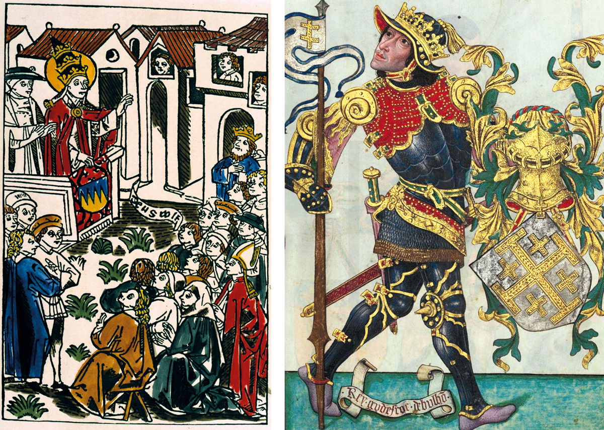 Left: Urban II declares the First Crusade at the Council of Clermont in 1095. Woodcut with later colouring, German, c.1480. akg-images. Right: Godfrey of Bouillon, from the Livro do Armeiro-Mor, Portuguese, c.1509. Heritage Images/Fine Art Images/akg-images.