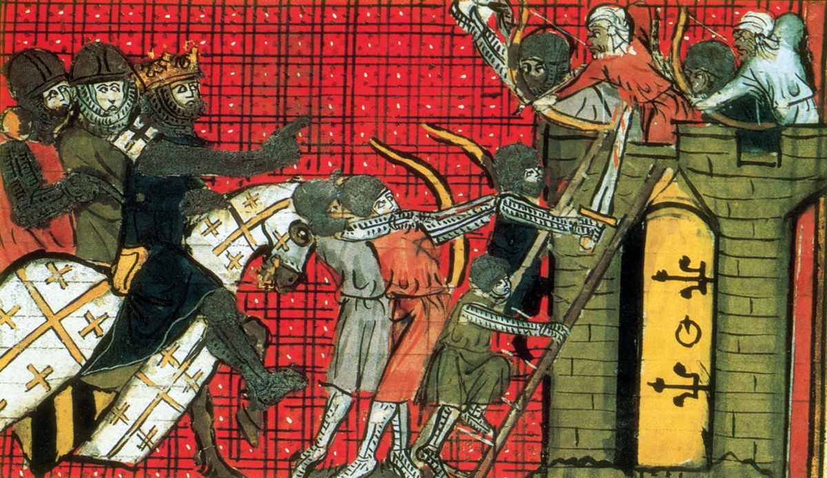 Godfrey of Bouillon leads a siege on a town, from the Roman de Godefroy de Bouillon (The Story of Godfrey de Bouillon), 14th century.