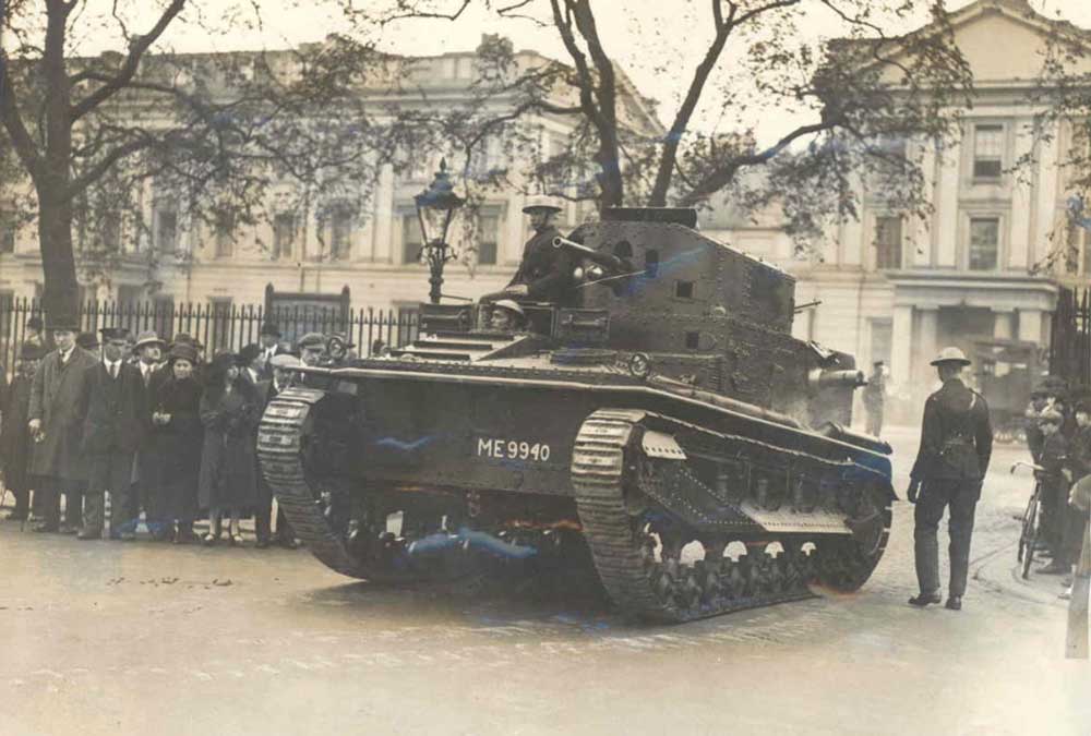 A military show of force during the unrest in the form of a tank and troops from Wellington Barracks. Press Photo.