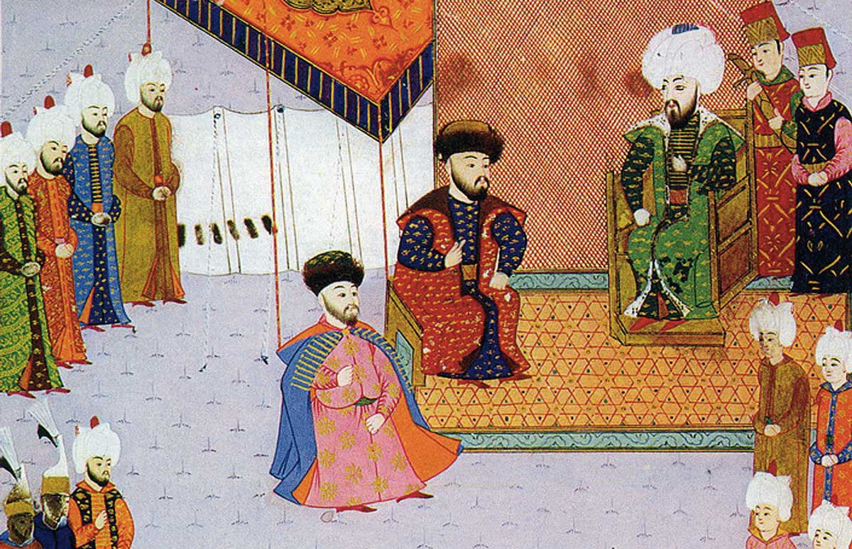 Khan Mengli I Giray with his son, the future Khan Mehmed I Giray, at the reception of Sultan Bayezid II, Turkish miniature, c.1484.