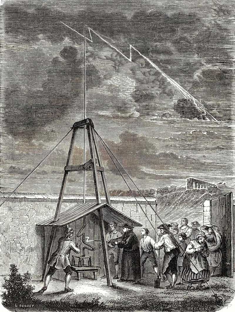 Dailbard’s lightning experiment, 1752. Engraving by L. Guiguet, 1867.