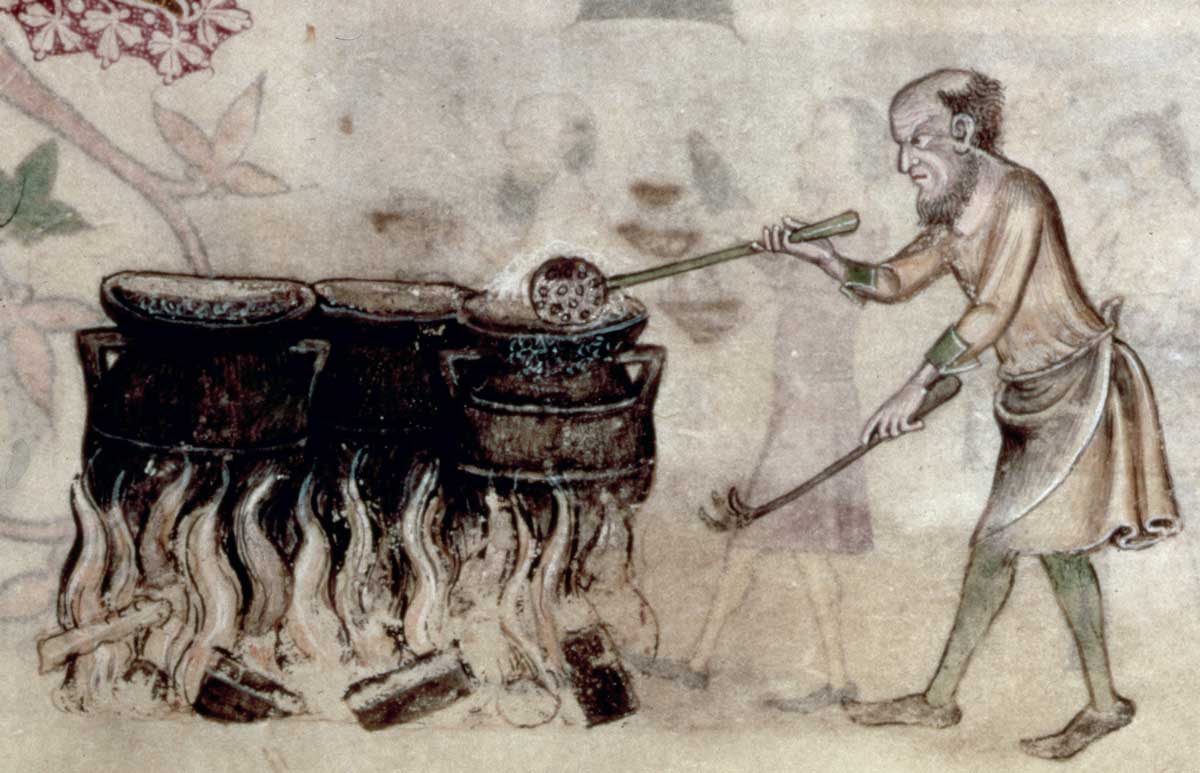 A cooking scene, from The Luttrell Psalter. English, c.1330 © British Library Board/Bridgeman Images.