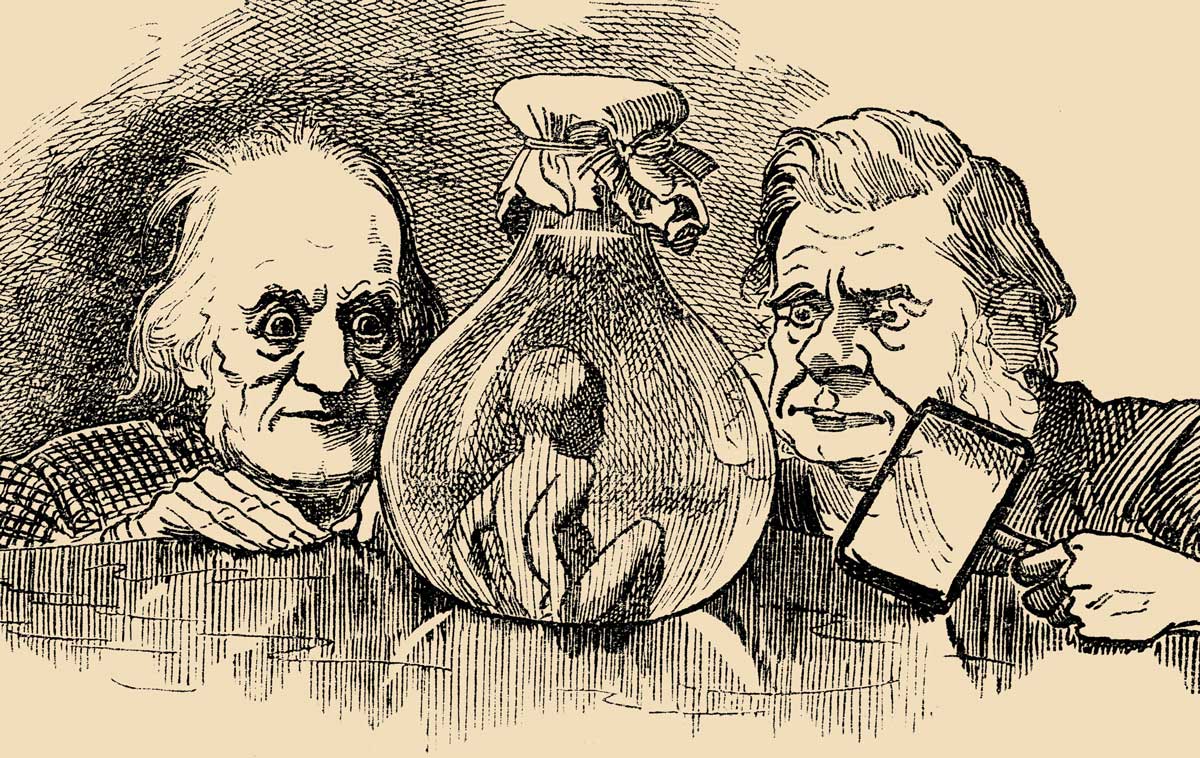 Richard Owen and Thomas Henry Huxley Inspecting a Water-Baby. Illustration by Linley Sambourne, from The Water-Babies, 1885. Alamy.