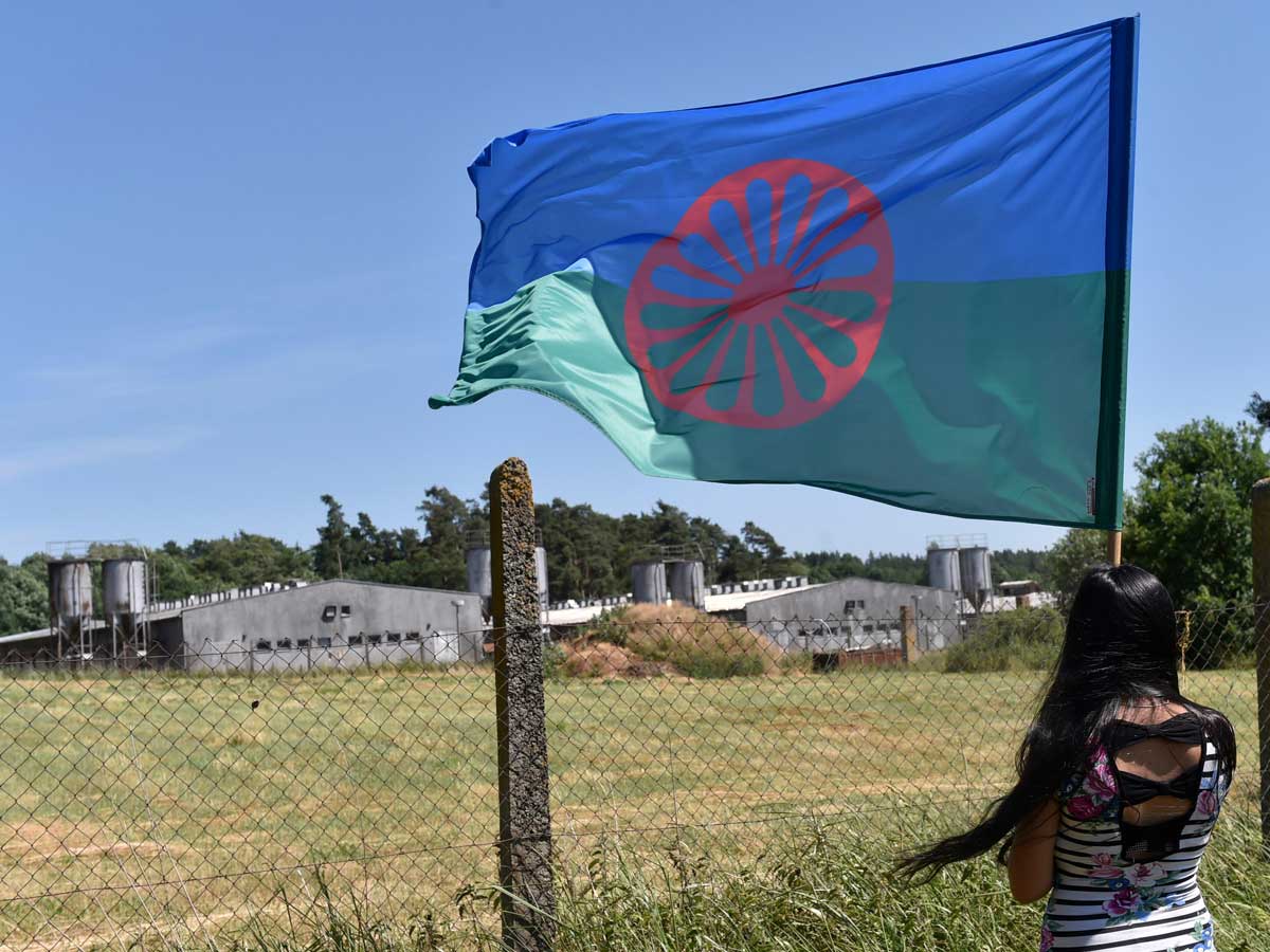 A girl with a Roma flag looking out across a pig farm built on the site of a Roma concentration camp at Lety, Czech Republic, 2017. Alamy.