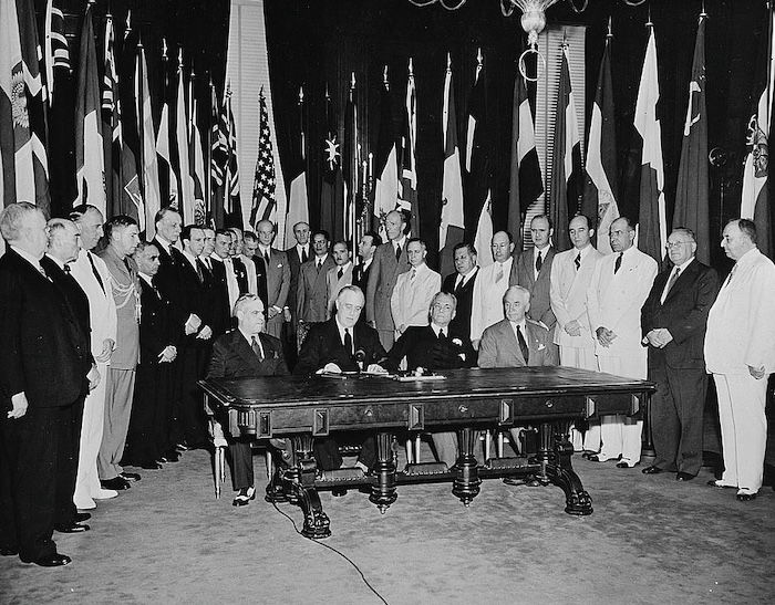 Represenatives of the the wartime United Nations reaffirm their pact in Washington, DC, July 1942. Library of Congress. Public Domain.