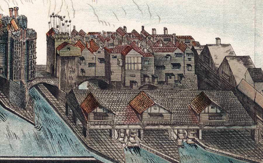 The waterworks built beneath old London Bridge by Peter Morice in 1581 to supply water to the City, c.1600.