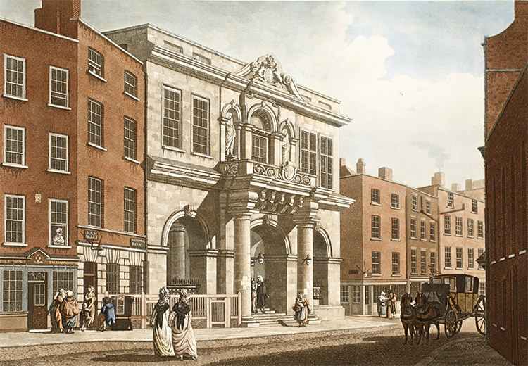 The court buildings, Dublin. Hand-coloured engraving by James Malton, 1798.