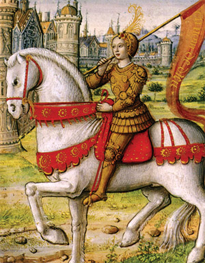 Joan of Arc depicted on horseback in an illustration from a 1505 manuscript.