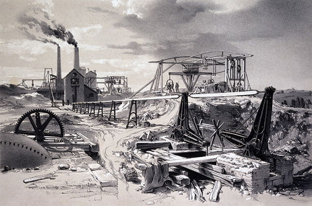 A pump and ventilation shaft in operation at Kilsby railway tunnel, Northamptonshire, 1837