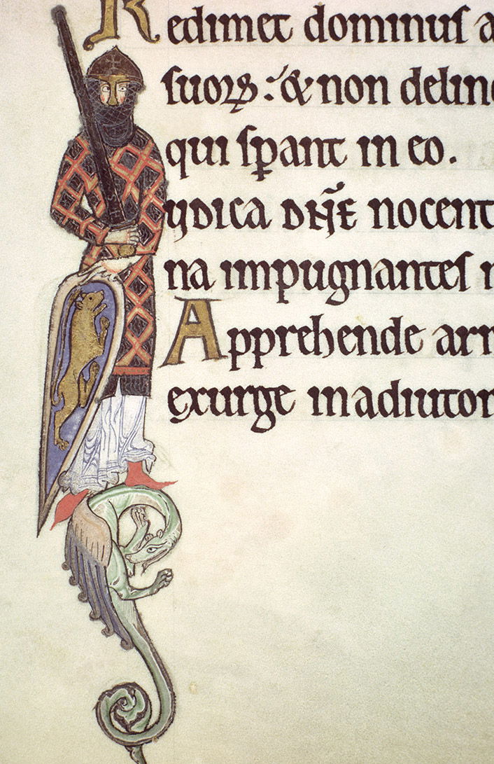 An illuminated knight from the Hunterian Psalter, c.1170.