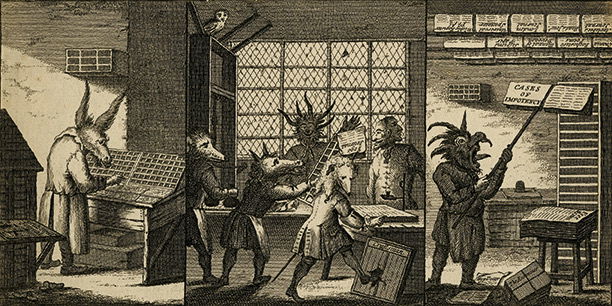 'The Art and Mystery of Printing Emblematically Displayed', a satire of three newspaper printing house activities performed by craftsmen with animal heads, 'Grub Street Journal', London 1732