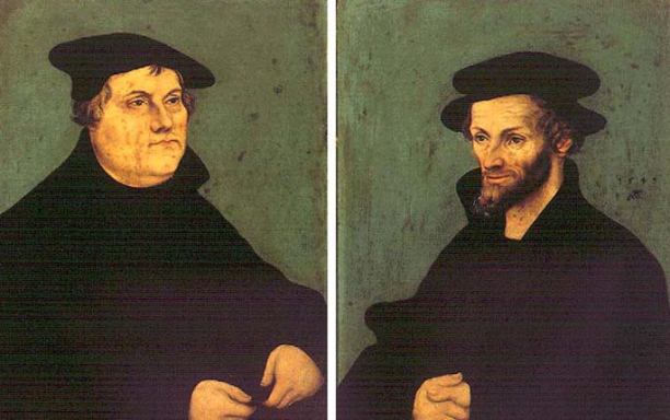 Portraits of Martin Luther and Philip Melanchthon, by Lukas Cranach. Melanchthon is generally considered the faithful servant of Luther, but he also derived his ideas from Erasmus.