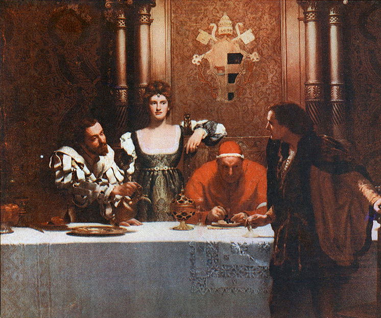 Painting by John Collier, 'A glass of wine with Caesar Borgia', from left: Cesare Borgia, Lucrezia, Pope Alexander, and a young man holding an empty glass.