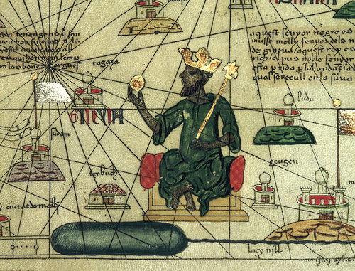 Depiction of Mansa Musa, ruler of the Mali Empire in the 14th century, from a 1375 Catalan Atlas of the known world (mapamundi), drawn by Abraham Cresques of Mallorca