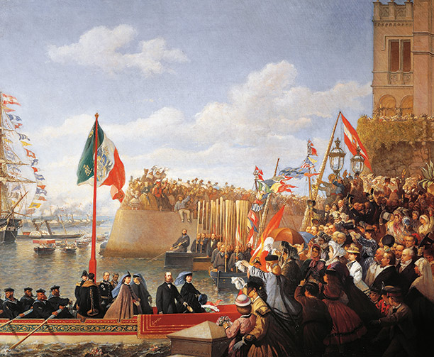 'Maximilian and Charlotte of Habsburg Departing for Mexico' by Cesare dell'Acqua, a contemporary painting. Bridgeman/De Agostini/Dagli Orti