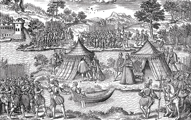 Lull in the fighting: Catherine de Medici stands outside her tent as the Peace of Amboise is agreed on the île de Boeuf, Orléans. A contemporary engraving.