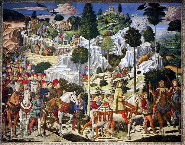  Medici family members placed allegorically in the entourage of a king from the Three Wise Men in the Tuscan countryside in a Benozzo Gozzoli fresco, c. 1459.