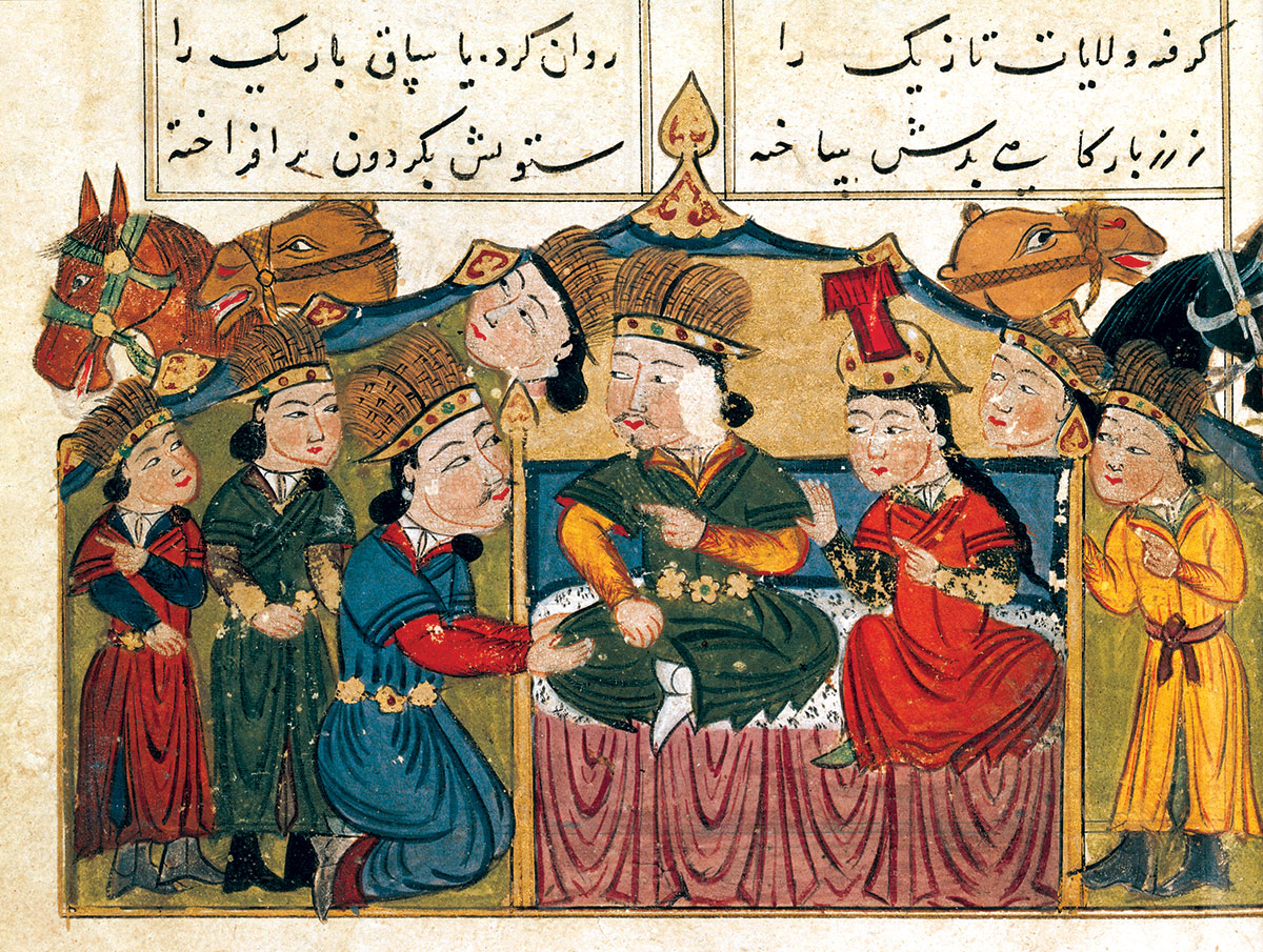 Chinggis Khan seated with his wife, possibly Börte. Miniature from a Mongolian history in verse, Persia, 15th century.