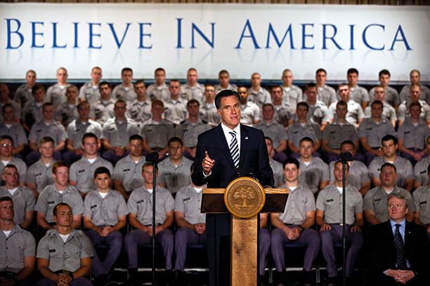 Mitt Romney addresses cadets at Citadel military college, Charleston, South Caroline, 2011. Getty Images/Richard Ellis