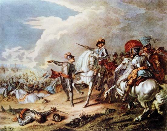 Battle of Naisby [sic], hand-coloured copper engraving by Dupuis after Parrocel, 1727 (for Rapins History, v.2, p. 527)