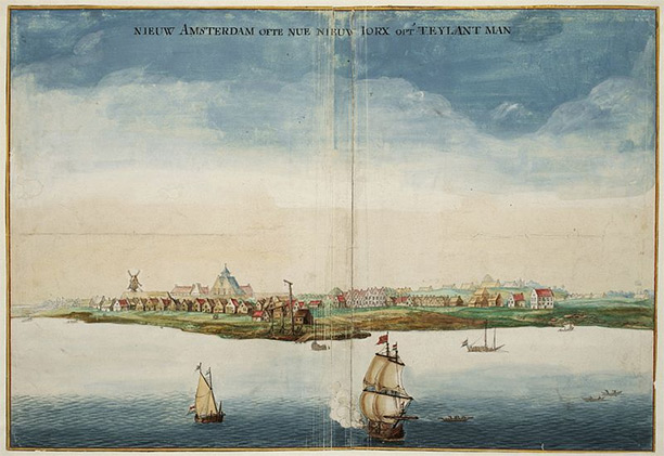 Gezicht op Nieuw Amsterdam by Johannes Vingboons (1664), an early picture of Nieuw Amsterdam made in the year when it was conquered by the English under Richard Nicolls.