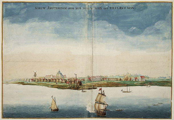 Gezicht op Nieuw Amsterdam by Johannes Vingboons (1664), an early picture of Nieuw Amsterdam made in the year when it was conquered by the English under Richard Nicolls.