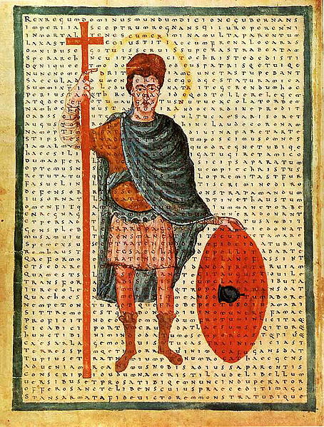 Louis the Pious, contemporary depiction from 826 as a miles Christi (soldier of Christ), with a poem of Rabanus Maurus overlaid.