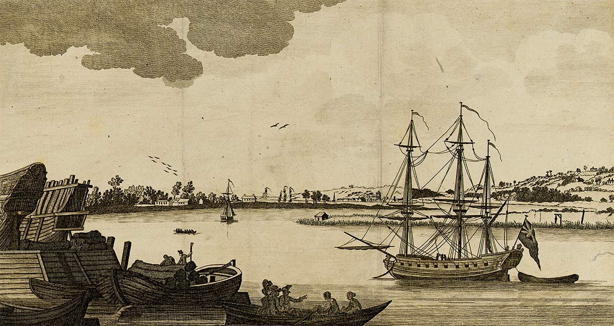 View of the Thames with an executed pirate hanging from the gibbets in the background. Copper-plate engraving from London Magazine, 1782 (detail).
