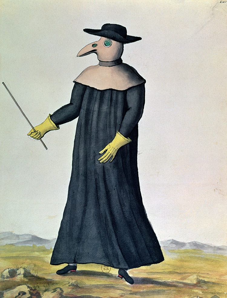 A costume designed to protect doctors from plague, French, 1720