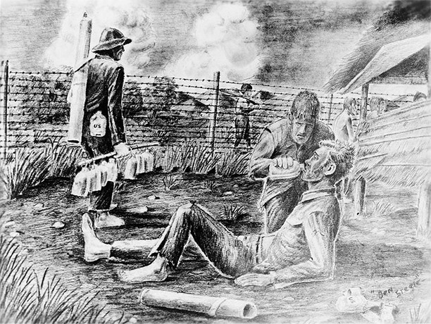 POW art depicting Cabanatuan prison camp, produced in 1946