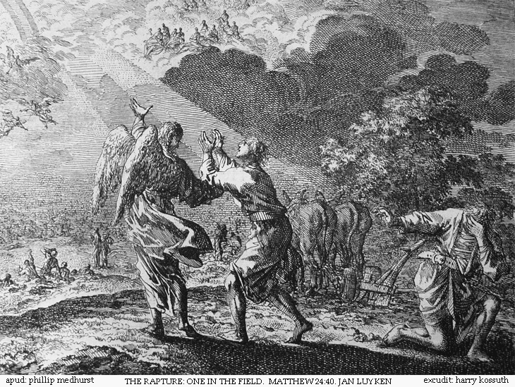 An etching by Jan Luyken illustrating Matthew 24:40 in the Bowyer Bible, Bolton, England.