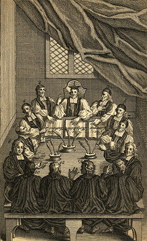 'The Compilers of the English Liturgy', a print by Michael van der Gucht, c.1690. Thomas Cranmer sits at the head of the table. British Museum