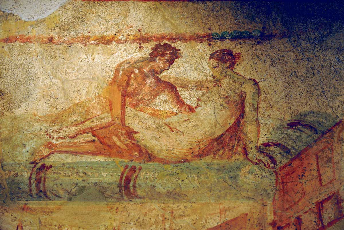 Erotic fresco from the lupanar, Pompeii, first century AD. Photo by Frédéric Soltan © Getty Images