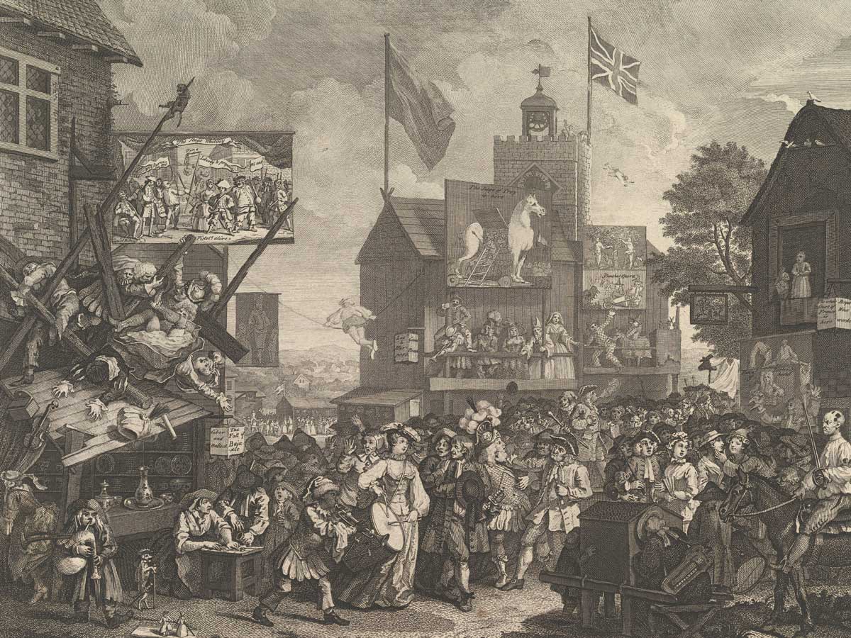 Southwark Fair, 1734. William Hogarth. The sign on the clock tower reads 'The Siege of Troy is Here'. Metropolitan Museum of Art.