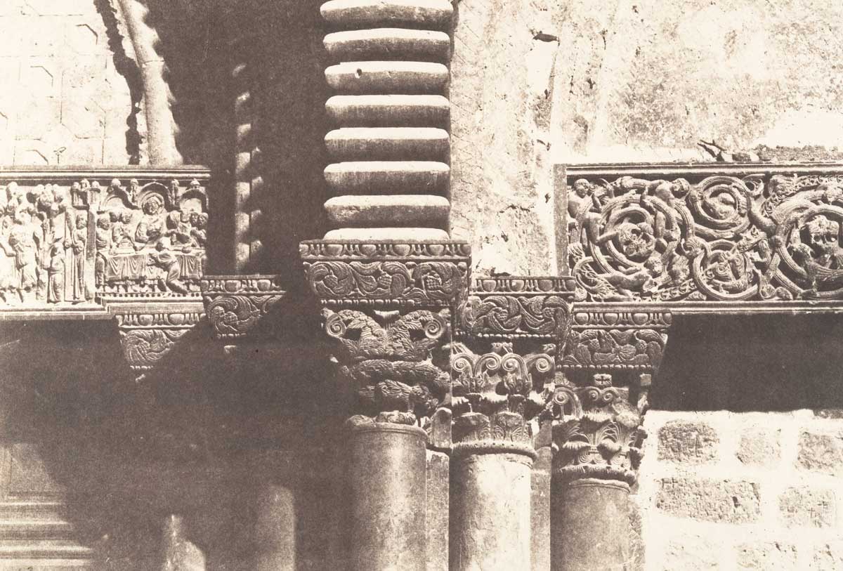 Capitals in the centre of the main entrance of the Church of the Holy Sepulchre, Jerusalem. Auguste Salzmann, 1854. Metropolitan Museum of Art.