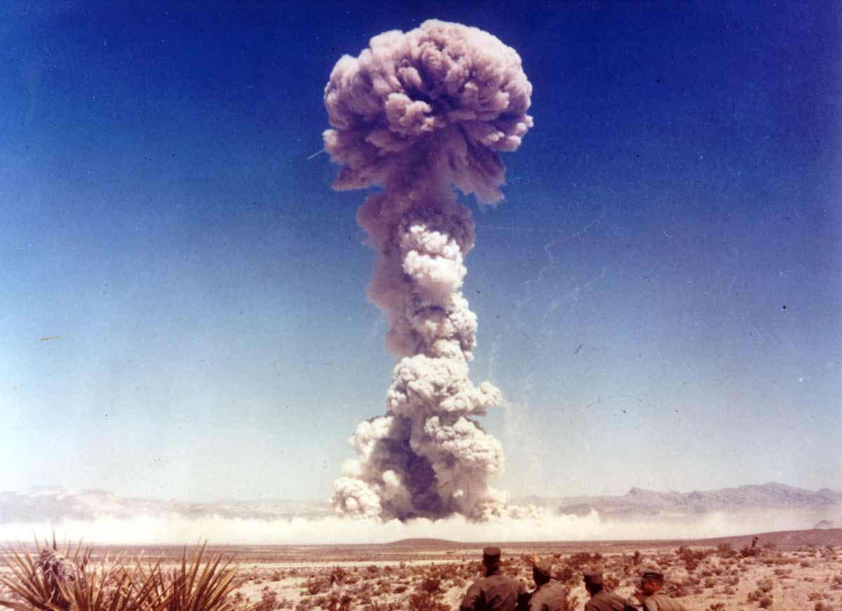 Military personnel observing one of the tests in the Buster-Jangle Series in the autumn of 1951. Photo courtesy of National Nuclear Security Administration / Nevada Site Office