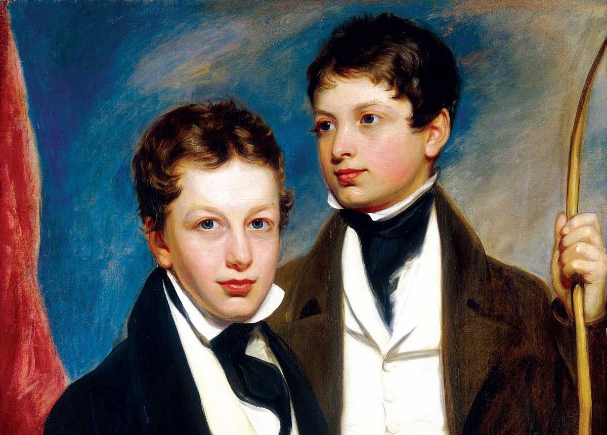 Portrait of the Musgrave Morris boys, with John Armine Morris (b.1813), later Sir John Morris, 3rd Baronet of Clasemont on the left and George Byng Morris (b.1816) on the right, c.1830 (detail) © Bridgeman Images.