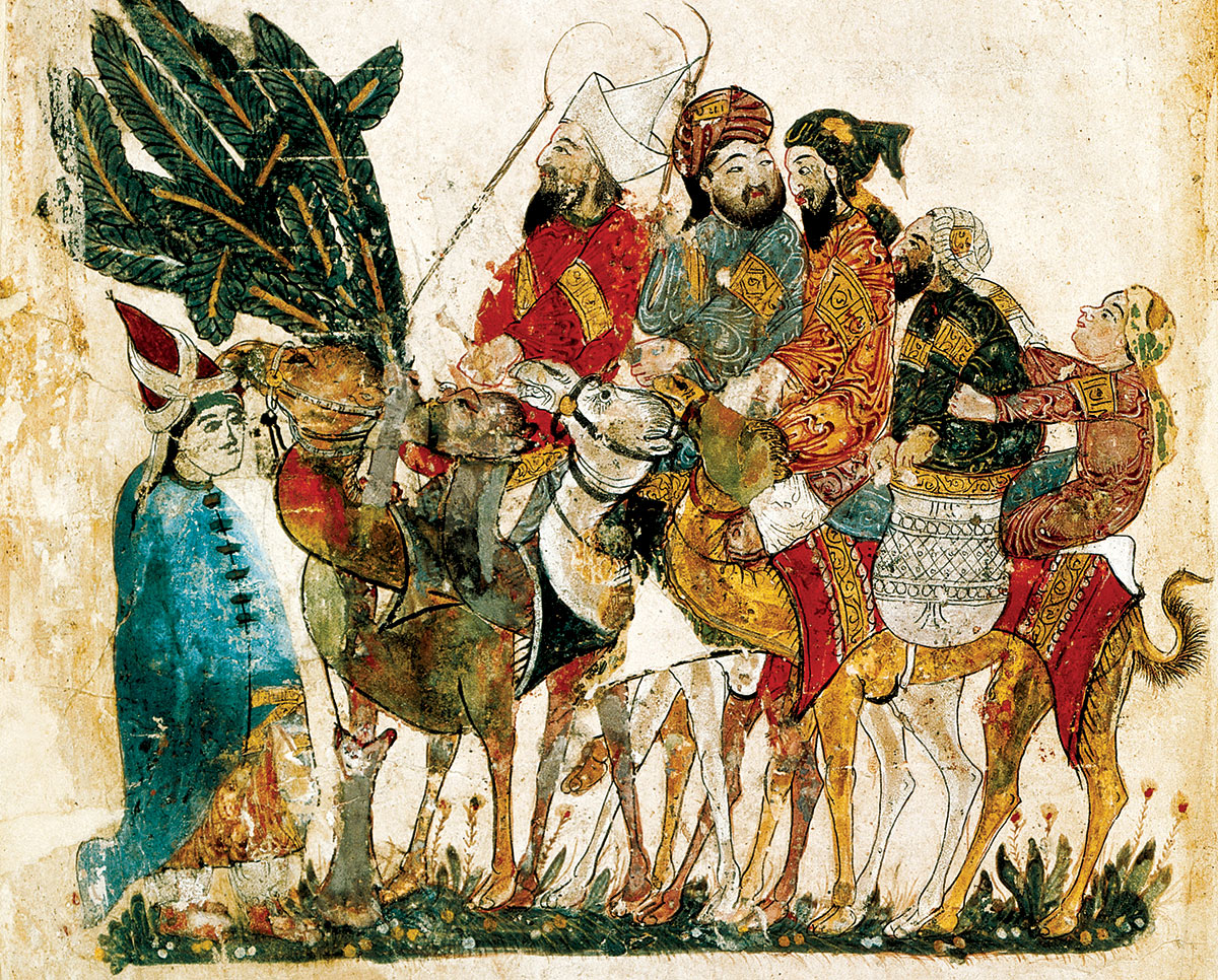 A caravan of Arabic traders, by Yahya ibn Mahmud Al-Wasiti, from Al-Hariri’s Maqama, c.1240. 