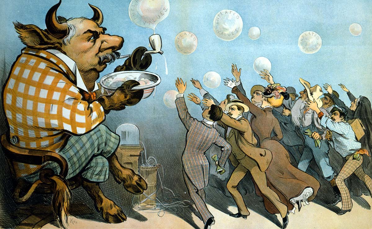  "Wall Street bubbles - Always the same". American financier J. P. Morgan is depicted as a bull, blowing soap bubbles for eager investors, 22 May 1901.
