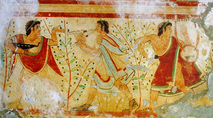 5th century BC fresco of dancers and musicians, Tomb of the Leopards, Monterozzi necropolis, Tarquinia, Italy
