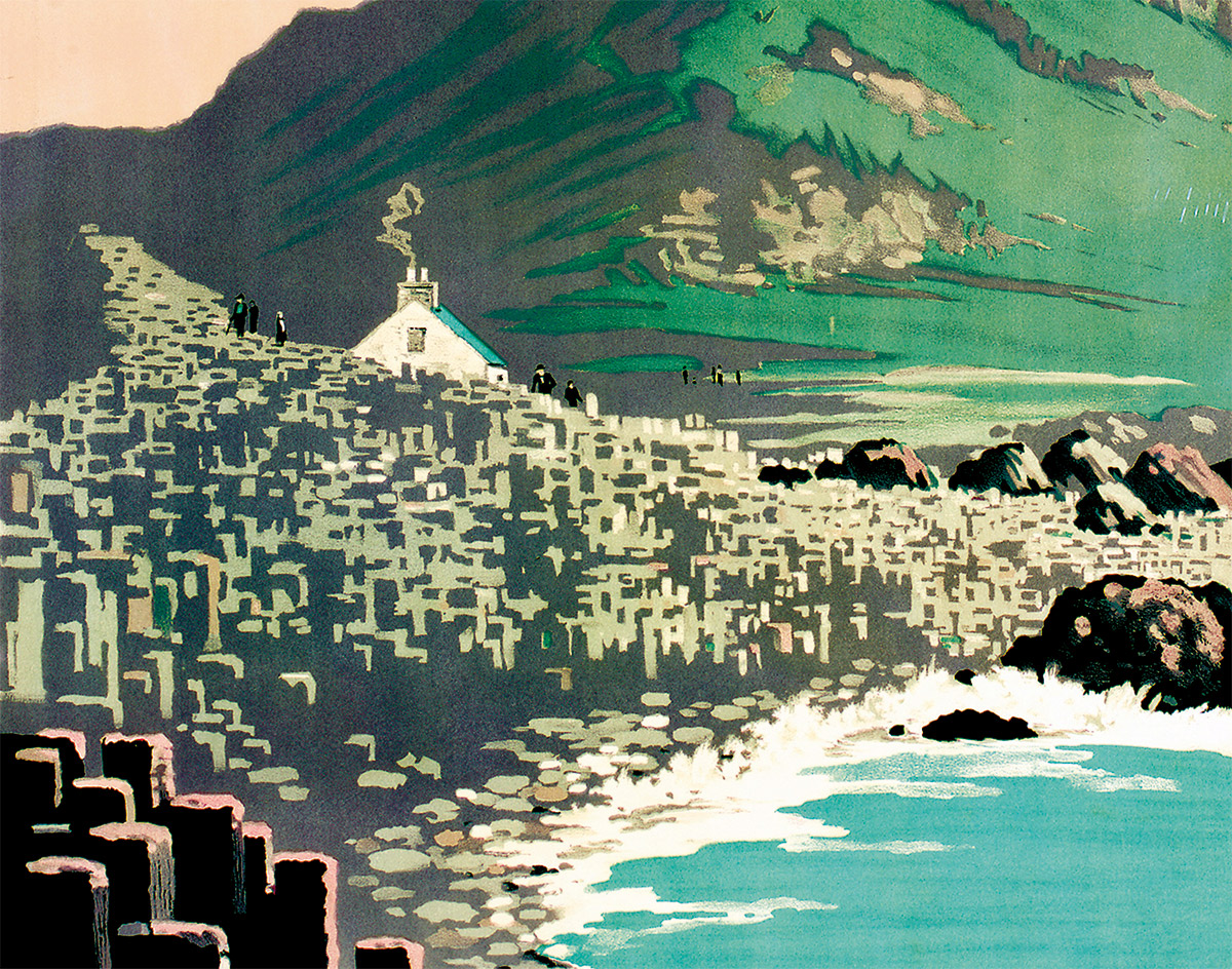 Antrim Coast, featuring the Giant’s Causeway, depicted in a poster for the London, Midland and Scottish Railway. Artwork by R.G. Praill, c.1924.