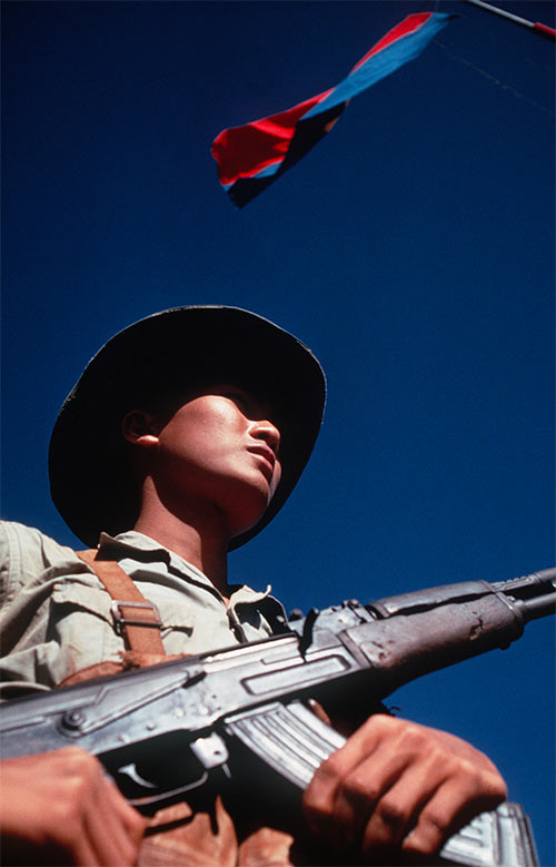 Việt Cộng soldier armed with an AK-47, standing beneath the flag of the National Liberation Front of South Vietnam