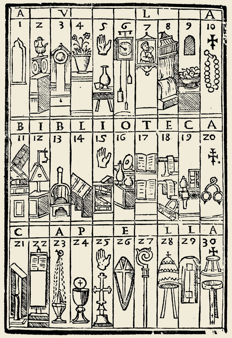 Woodcut illustrating a method of training memory through place-based images from Johannes Romberch’s Congestorium Artifiose Memoriae, printed in Venice (1553).