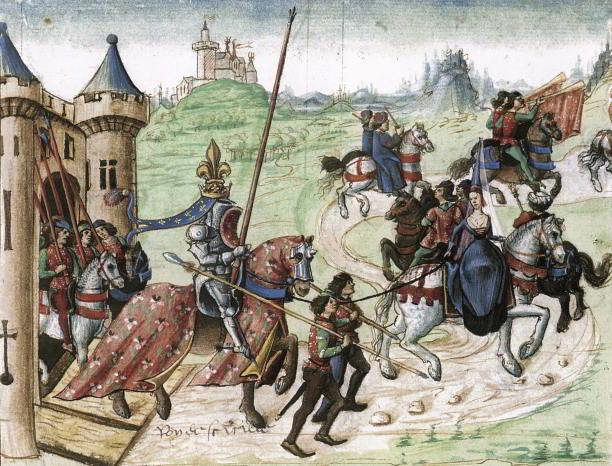 A French illumination of c.1480 showing King Rene of Naples before a duel with the Duke of Alençon. The lady is sitting demurely on-the-side of her ambler or palfry, her feet hidden but presumably supported by a foot-board.