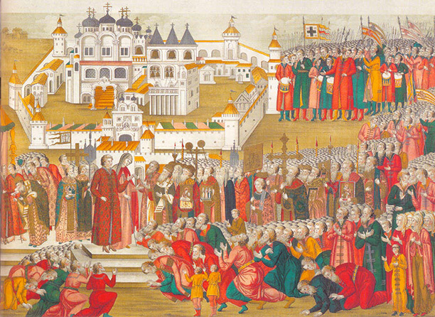 Mikhail Romanov and his father, the patriatch Philaret, distribute alms, in an illustration of the first Romanov coronation by Matevev, 1613
