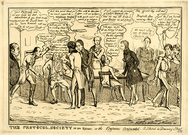 Prince Lieven behind the table frowns at the diplomatic manoeuvres of Talleyrand, Palmerston and von Bulow at Downing Street, 1831 print. British Museum